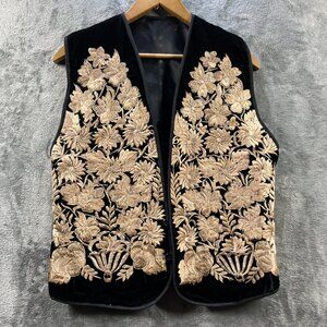 Vest Womens Medium Velvet Embroidered Black Floral Boho Festival 18"PTP